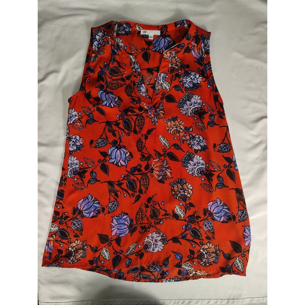 DR2 Womens Orange Floral Sleeveless V-Neck Blouse Top Small